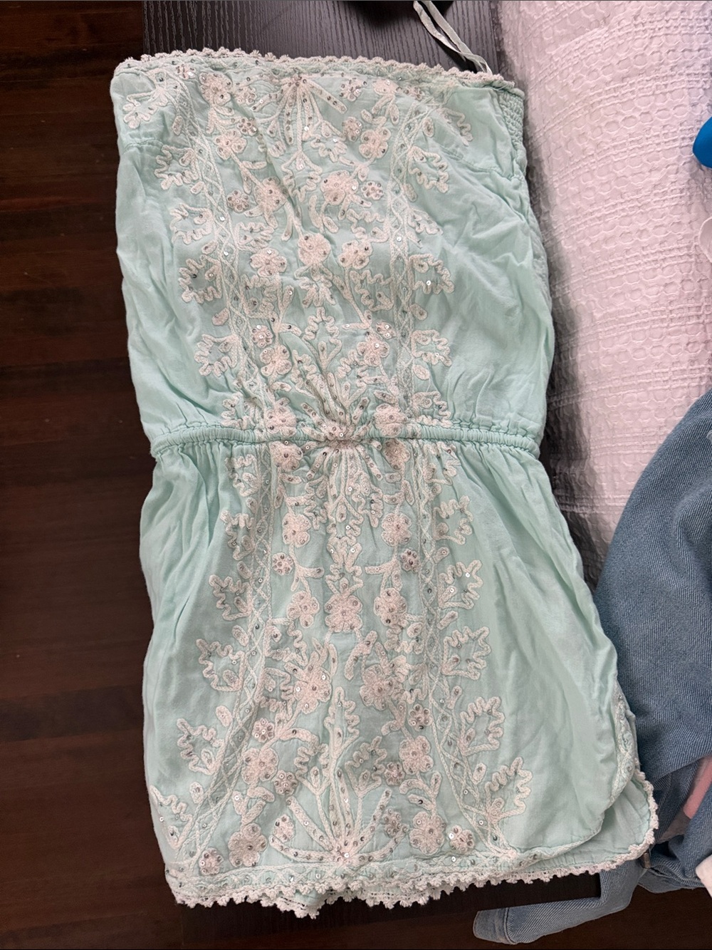 Light Aqua Embroidered Strapless swim cover up